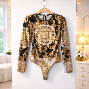 ✨ Kosmios Baroque Print Bodysuit Black Gold Long Sleeve Statement Top Size S